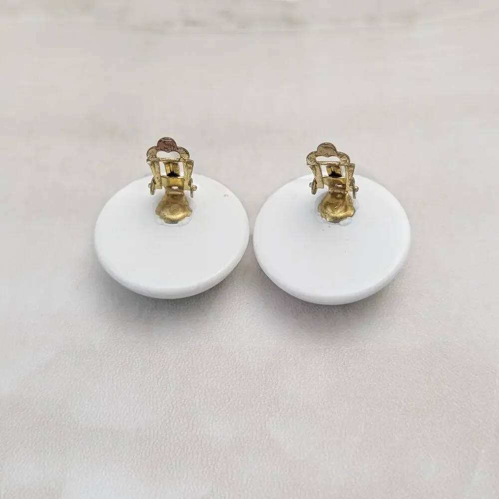 Vintage Clip On Earrings Large Domed Green and White Circle Retro Statement